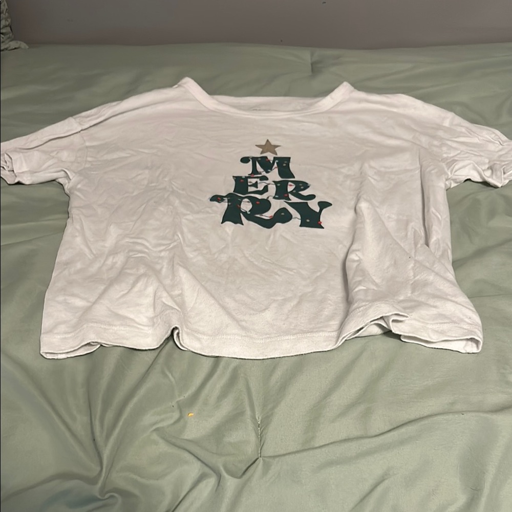 White T-Shirt with Green 'Merry' Design